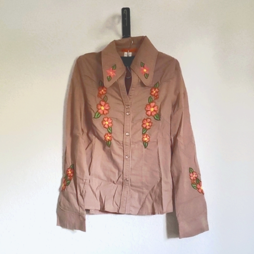 By Deep Los Angeles Tan Embroidered Button Down S